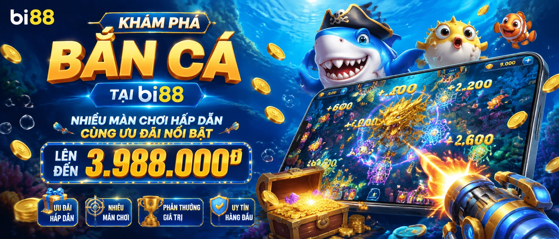 Bắn Cá BI88 giao diện đại dương và phòng chơi